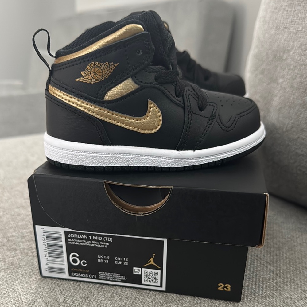 Jordan 1 Mid TD Black and Gold Sneakers